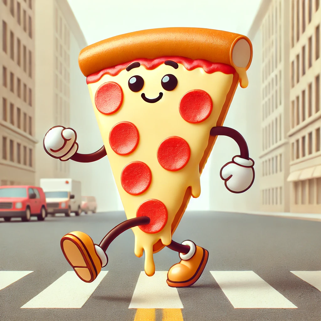 Slop Haus | A smiling slice of pizza crossing the street